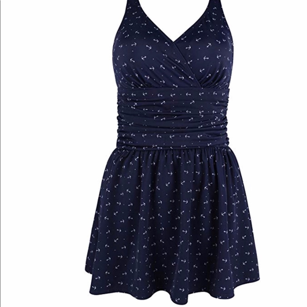 Plus size bathing suit blue with white anchors